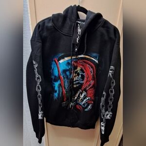 Edgy Black Hoodie with Grim Reaper Graphic